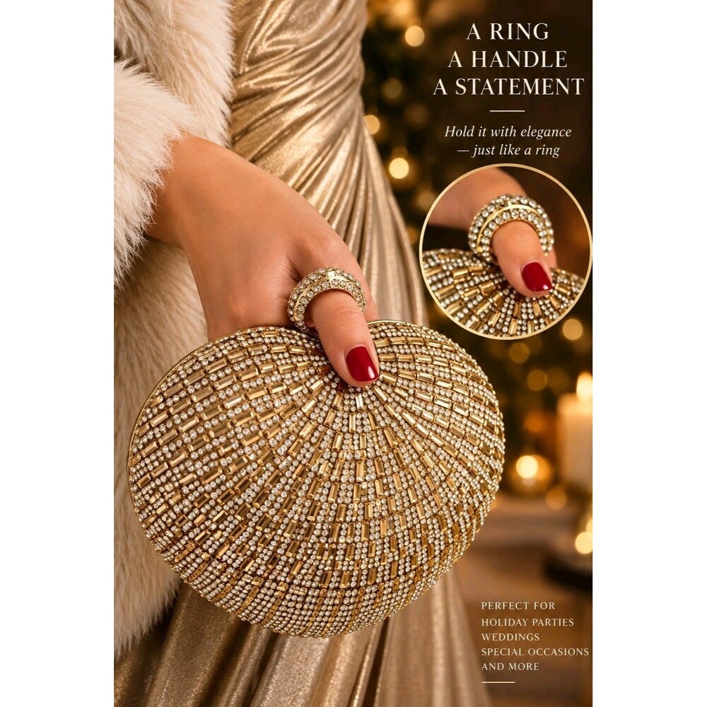Gold Rhinestone Heart Minaudiere Evening Clutch Ring Handle Holiday Party Bag
